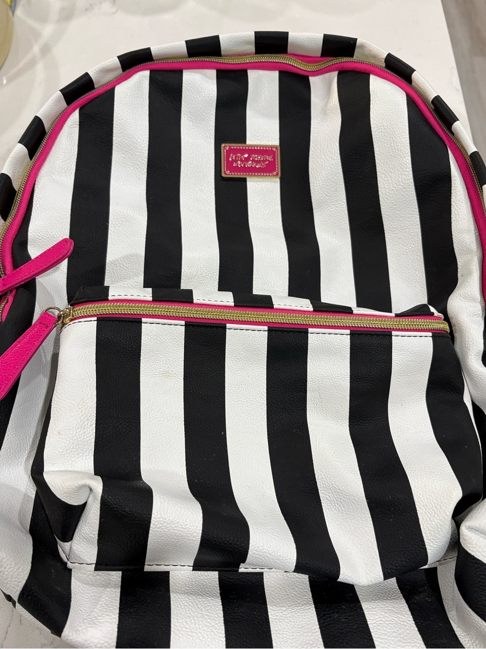 Betsey Johnson Black & White Striped Backpack with Pink Trim